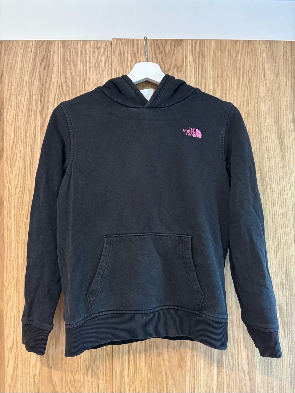 The North Face Black Hoodie with Pink Chest Logo